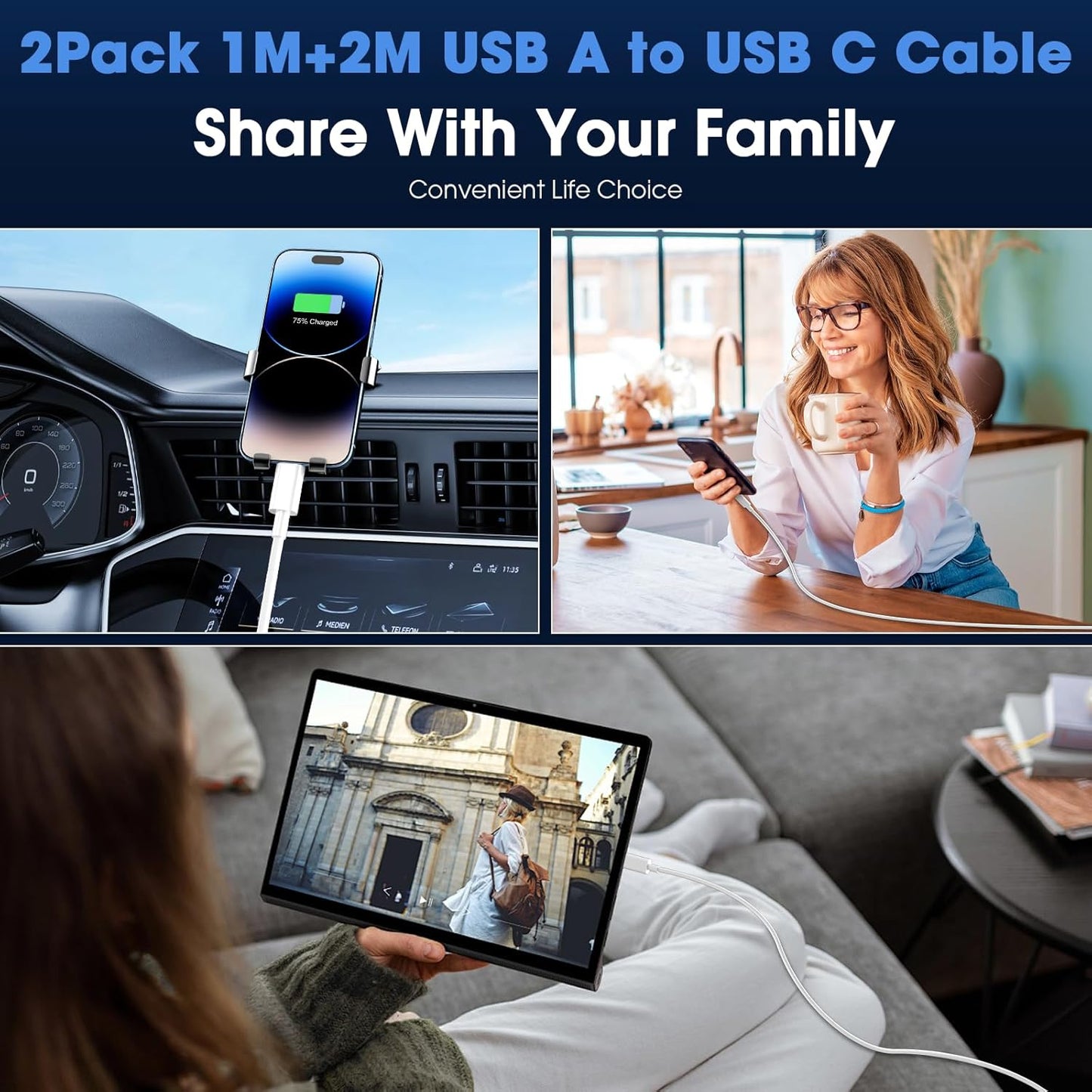 USB C Charger Cable 2 Pack 1M+2M USB A to USBC Cable Type C Charger Fast Charging Phone Charger Lead for iPhone 17 16 15 Pro Max Plus Air, Samsung Galaxy S25 S24 Ultra, Google Pixel, for iPad Air