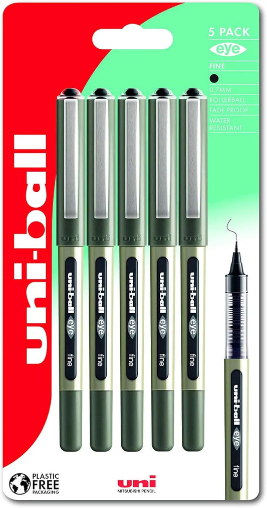 Uni-ball UB-157 Eye Black Rollerball Pens. Premium Fine 0.7mm Ballpoint Tip for Super Smooth Handwriting, Drawing, Art, Crafts and Colouring. Fade and Water Resistant Liquid Uni Super Ink. Pack of 5