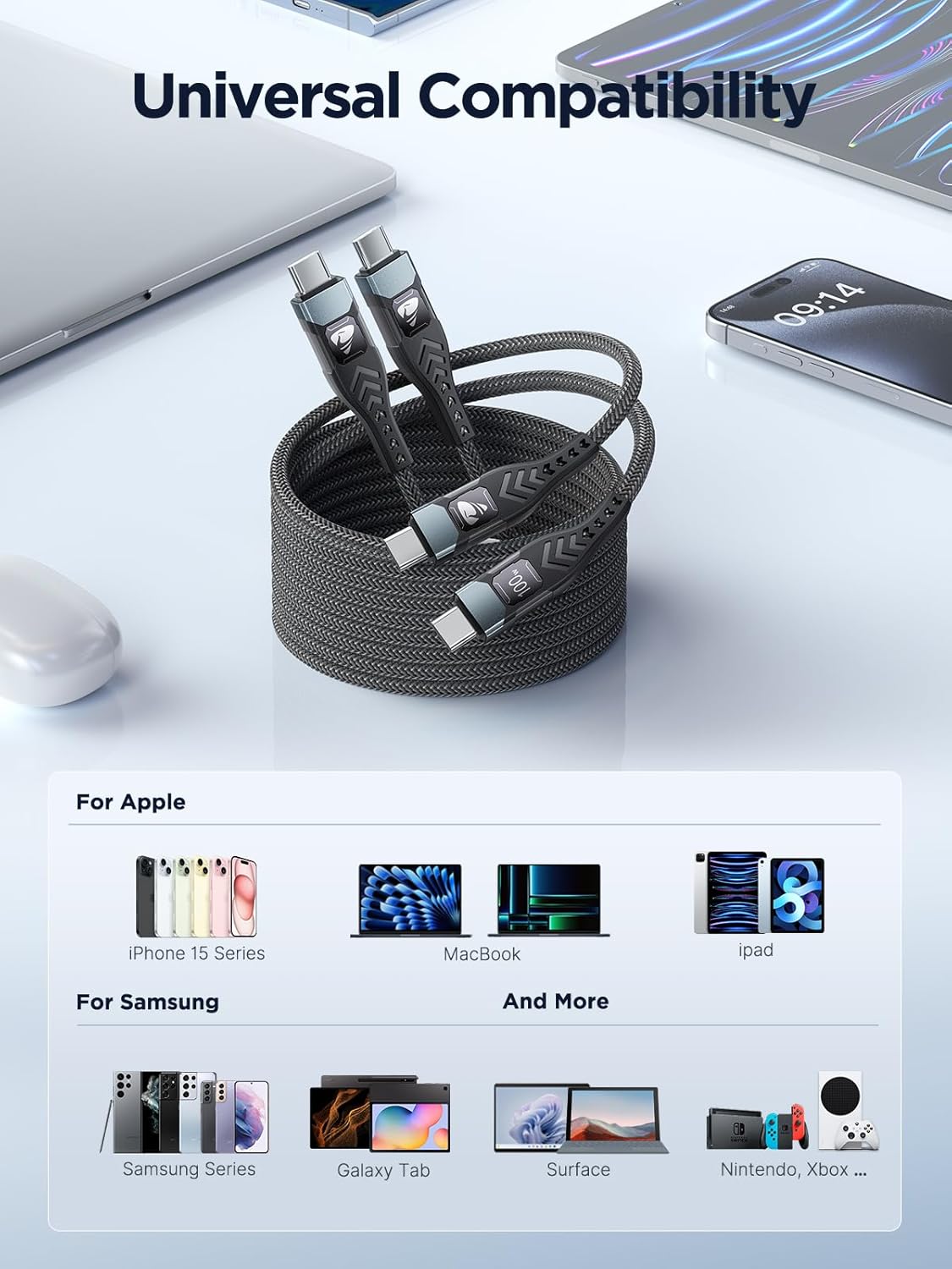 USB C to USB C, 100W 5A Fast Charging Cable [2Pack/2M] USB Type C Charger Fast Charge Lead Usbc to Usbc Cable for iPhone 15 16 17 Pro Max Plus iPad Pro MacBook Samsung Galaxy S23 S22 S24 S25 Ultra etc