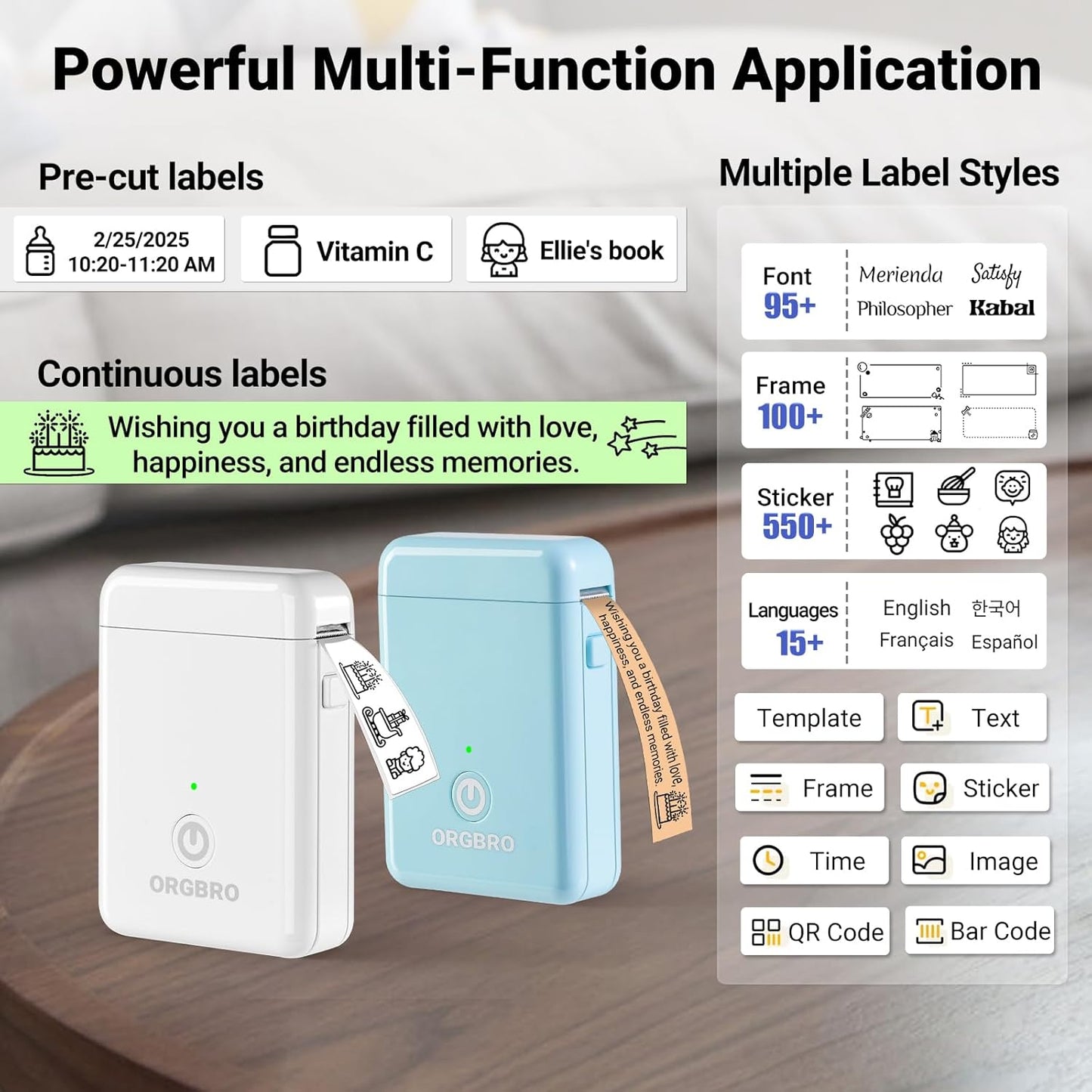 ORGBRO X1 Label Maker Machine with Tape Thermal Portable Bluetooth Label Printer for Smartphones Mini Handheld Sticker Maker with Multiple Templates for School Office Home Kitchen Organization, White
