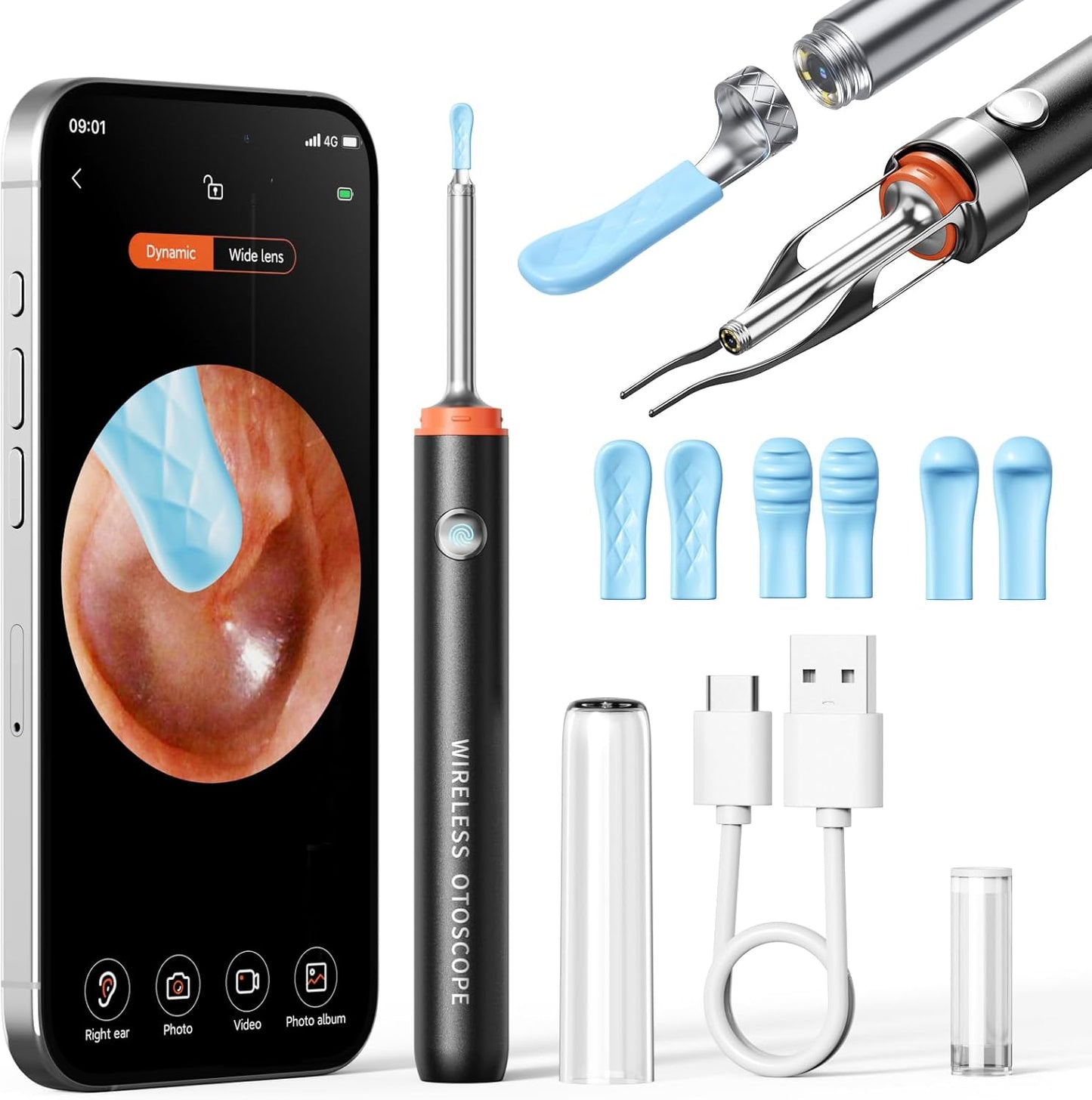 Ear Wax Removal Kit - Ear Cleaner with Camera, Camera with 6 Silicon Ear Spoon with 1080P, Ear Camera with LED Light, Ear Cleaning Kit for iPhone, iPad, Android -Black