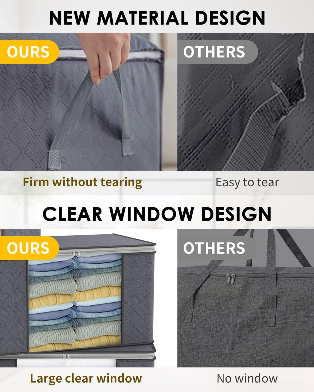 KALAHOL 90L Large Capacity Clothes Storage Bags with Zips, Storage Boxes with Lids, Reinforced Handle, Foldable, Thick Fabric, for Comforters, Clothes, Blankets, Bedding, 4 Pack, Dark Grey