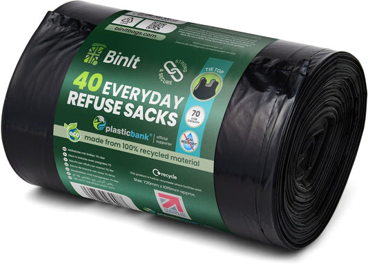 BIN IT 40 Tie Top, Everyday Refuse Sacks, Bin Bags, Bin Liners, 70 Litre, Recycled, Strong, Tear Resistant, 30 μm, Perfect for Every Day Use, Household, Office, Kitchen & Caterers