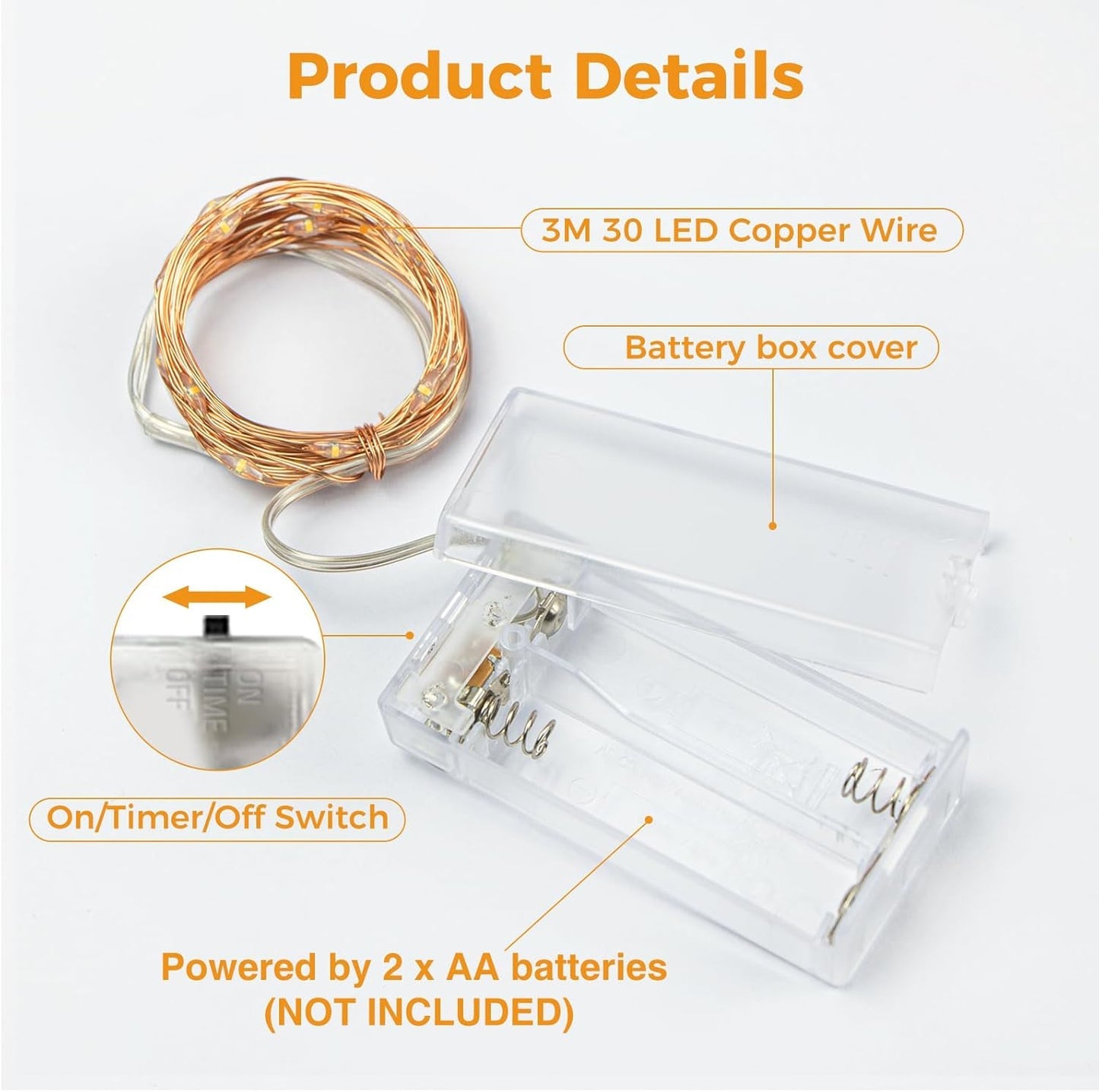 Litogo 3m 30 LED Battery Fairy String Lights, Waterproof Copper Wire Lights with Timer for Indoor and Outdoor Decoration, Warm White