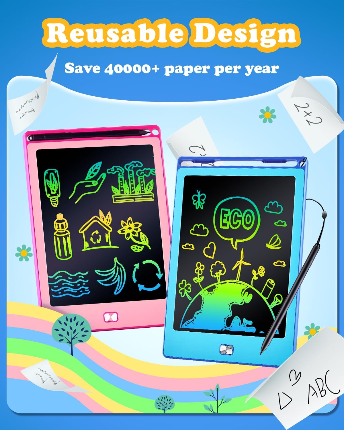 2-Pack LCD Writing Tablets for Kids, 8.5-Inch Drawing and Learning Boards, Blue & Pink