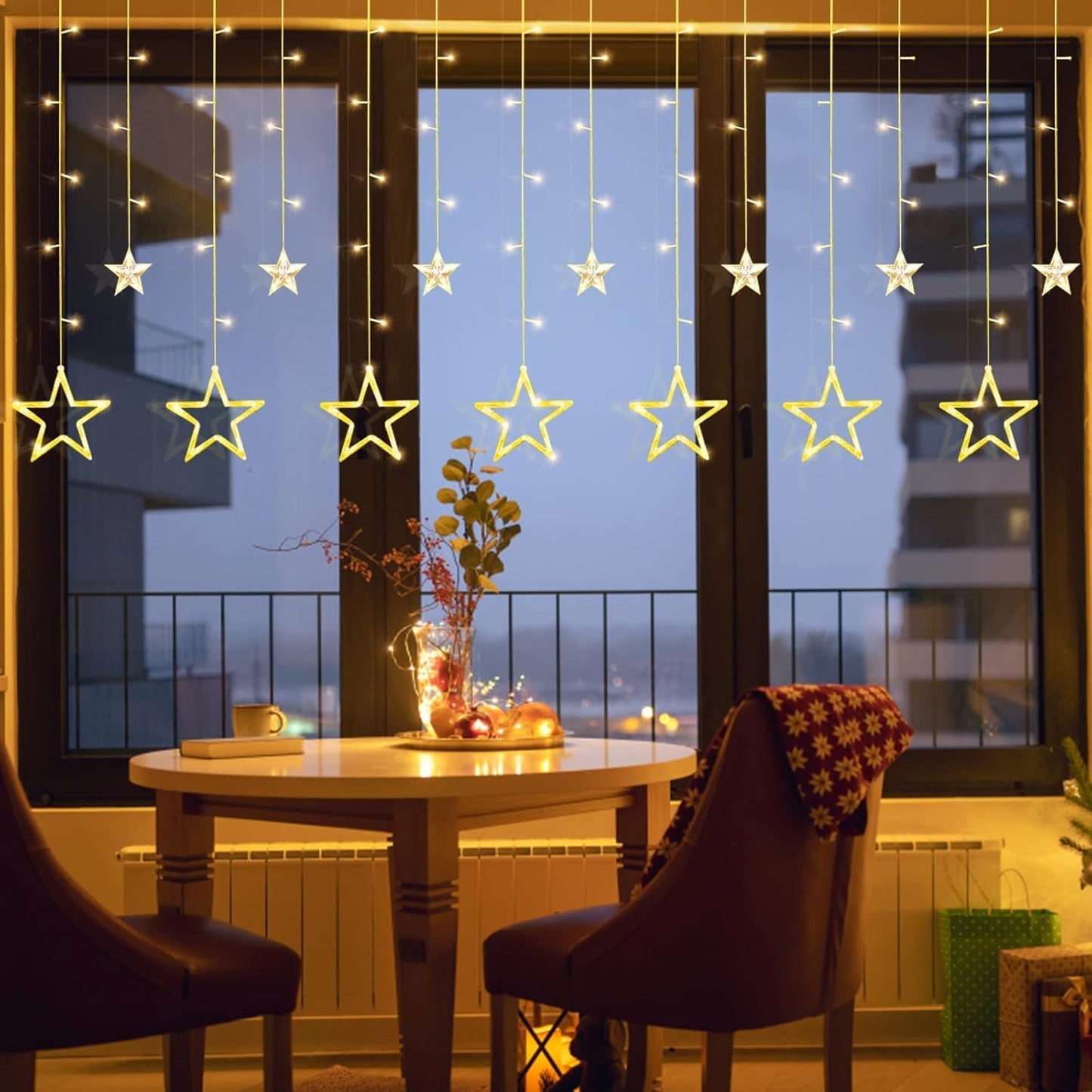 Jsdoin Christmas LED Star Curtain Lights, 12 Stars 138 LEDs, USB or Battery Powered, 8 Flashing Modes, Warm White for Home, Wall, Wedding, and Party Decoration