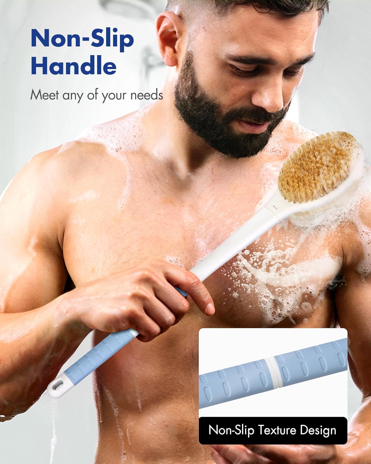 Back Scrubber Body Shower Brush: Anti Slip Long Handle Bath Brush with Stiff and Soft Bristles - Showering Exfoliator Wet or Dry Brushing for Women, Men, Elderly (Blue)