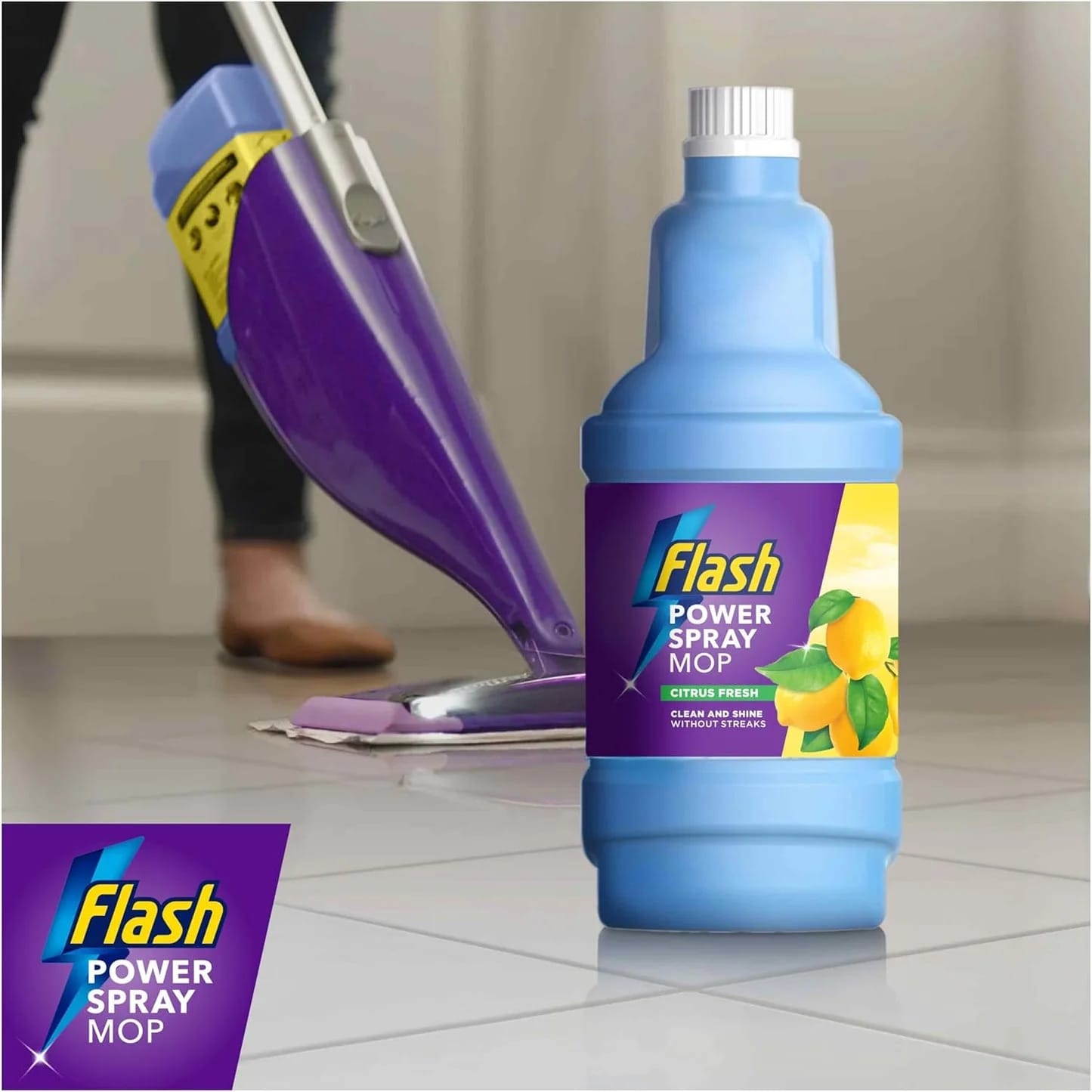 Flash Power Spray Mop Floor Cleaner Multi-Surface Cleaning Liquid Citrus Fresh 5L (1.25Lx4)