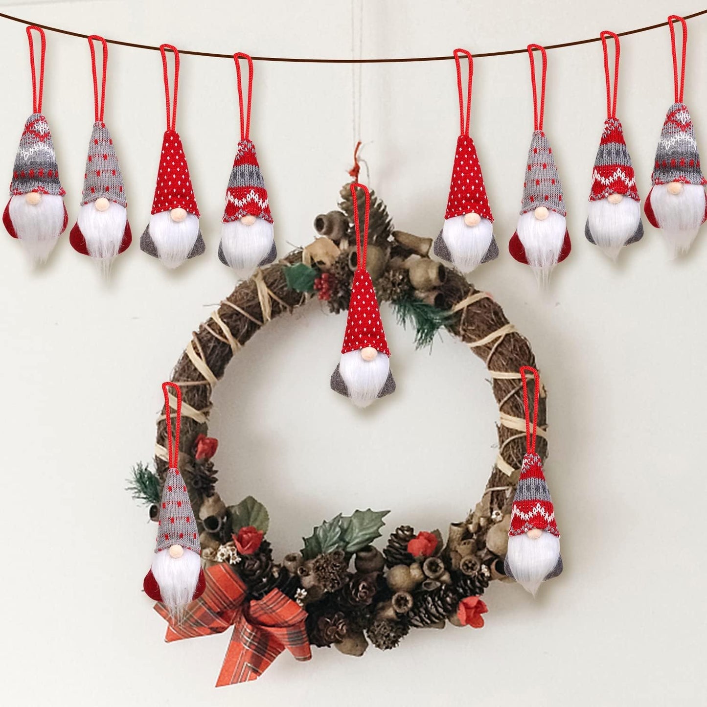 Set of 8 Christmas Gnome Hanging Ornaments, Handmade Swedish Plush Santa and Elf Decorations for Xmas Tree