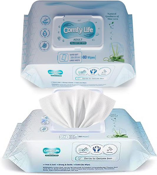 Comfy Life Premium Full Body Cleansing Wet Wipes For Adults - Large Luxury Fresh-feel Rinse-free Fragrance-free Bed Bath Intimate-care Soft Sheets (1 Pack (80 Wipes)