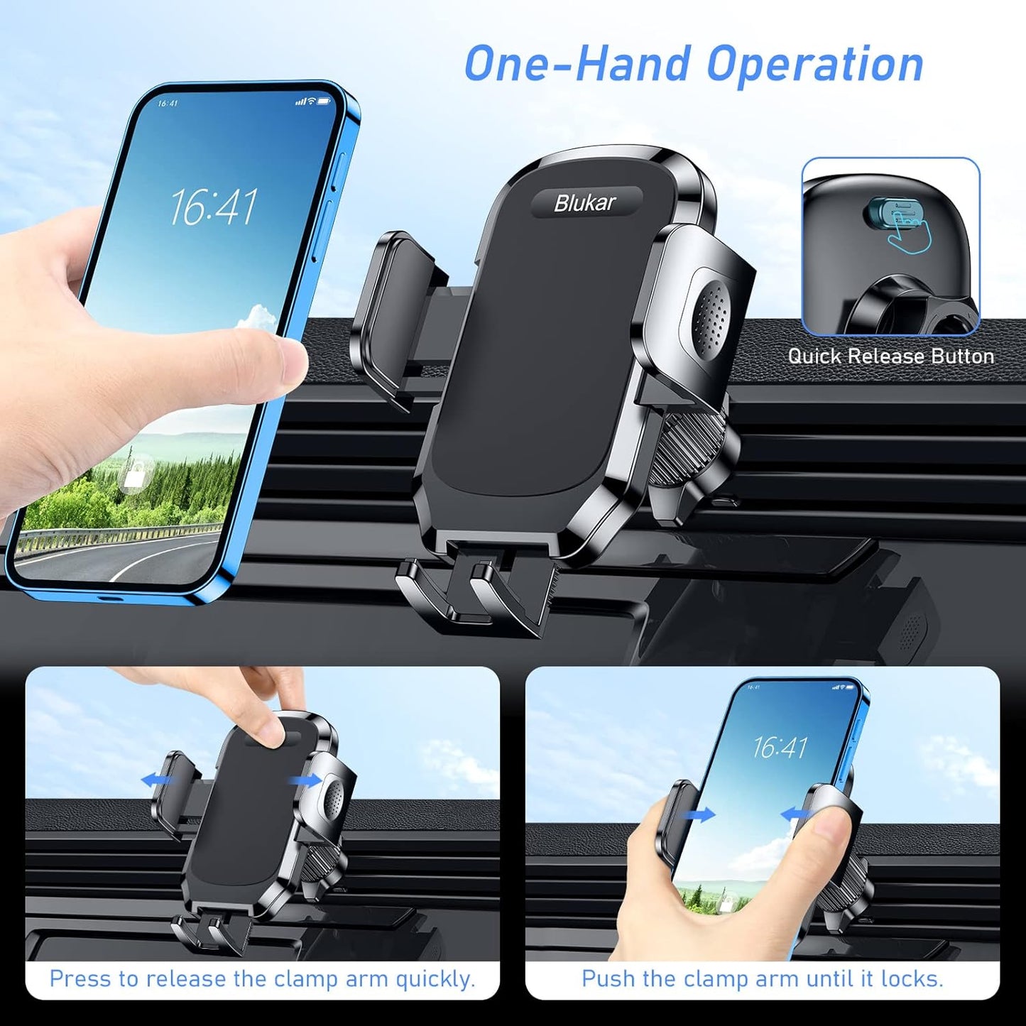 Blukar Car Phone Holder, Air Vent Car Phone Mount Cradle 360° Rotation - Upgraded Super Stable Hook Clip - One Button Release Holder for iPhone, Galaxy, All 4.0''-6.7'' Smartphones