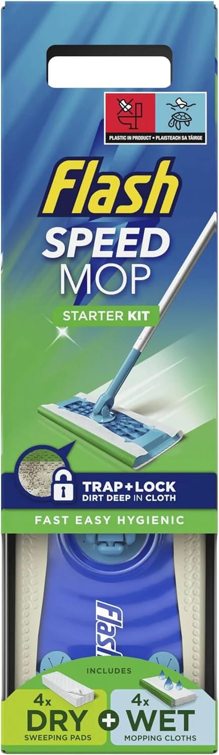 Flash Speedmop Floor Cleaner Starter Kit, Fast Easy & Hygienic (1 Handle + 4 Wet & 4 Dry Refills), Trap & Lock Daily Dirt, Grease & Grime Without Getting Down On Your Knees