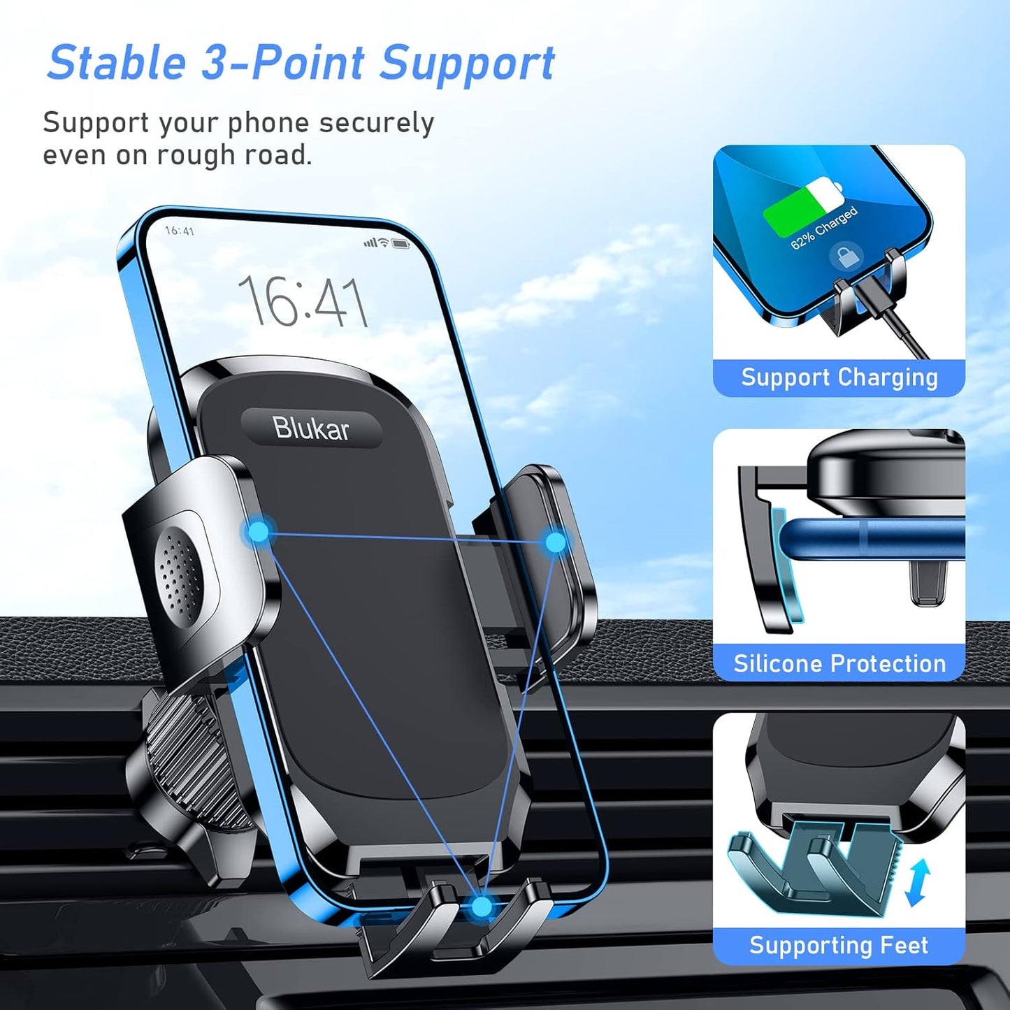 Blukar Car Phone Holder, Air Vent Car Phone Mount Cradle 360° Rotation - Upgraded Super Stable Hook Clip - One Button Release Holder for iPhone, Galaxy, All 4.0''-6.7'' Smartphones