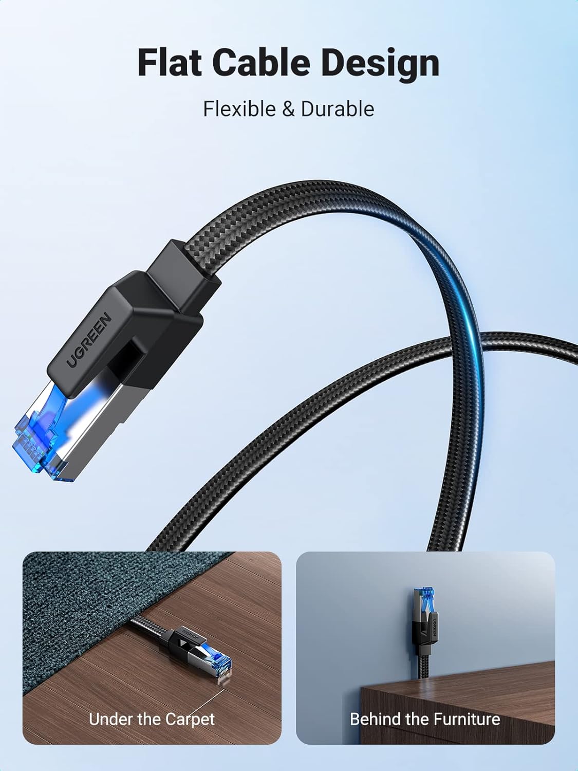 UGREEN Ethernet Cable 5M, Cat 8 Internet Cable Flat High-Speed 40Gbps 2000Mhz Network Cable, Gigabit Braided RJ45 LAN Cable Patch Cord Compatible for PC/Laptop, PS5, Xbox, Modem, Router, Switch, TV