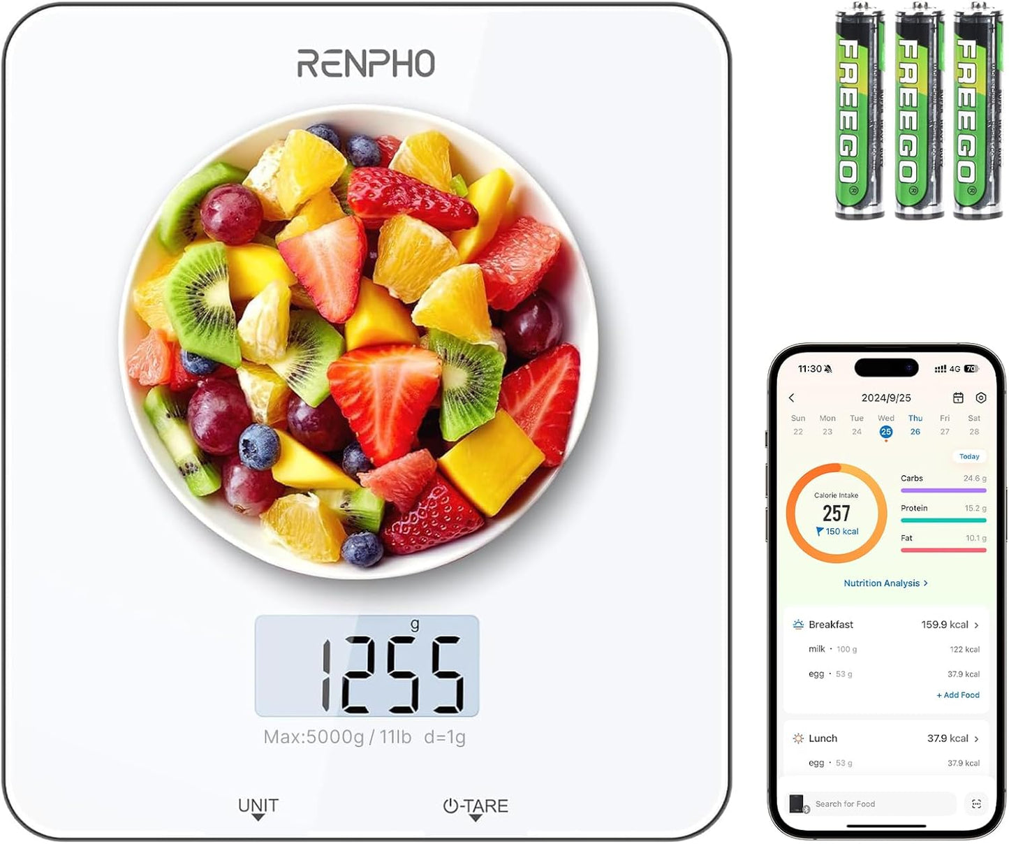RENPHO Kitchen Scales for Accuracy Measurements, Smart Food Scales with App Food Database Nutritional Calculator, Food Weighing Scales for Baking, Weight Loss, Calorie Counting, 5 Units Conversion