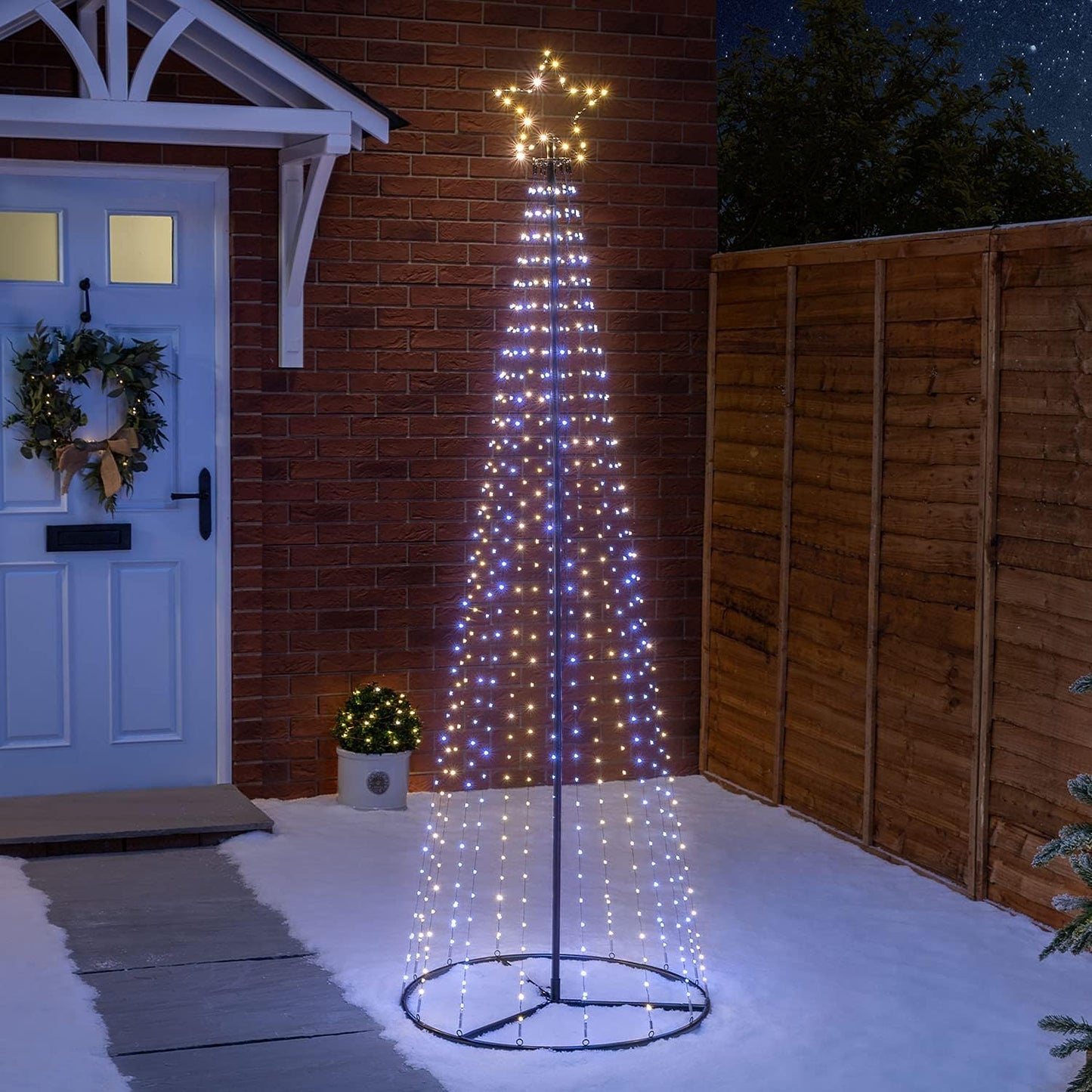 Christow Maypole Christmas Tree, 2.1m Light Up Outdoor Decoration with Flashing Warm White and White Micro LED Lights, Mains Operated