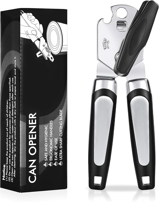 Tin Opener, Lychico 3-in-1Can Opener Handheld Heavy Duty Stainless Steel Can Openers with Multifunctional Bottle Opener, Black