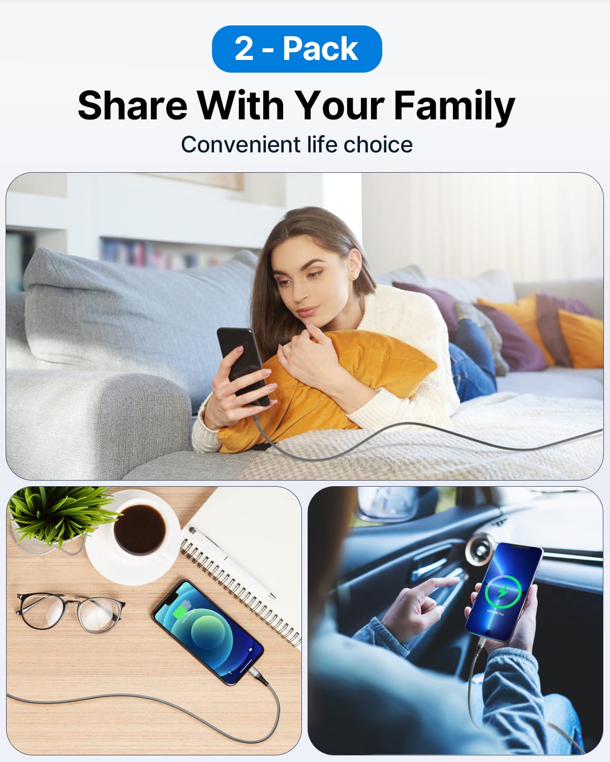 2Pack 2M iPhone Charger Cable, MFi Certified Lightning Cable Fast Charging Braided iPhone Charger Fast Charge USB Charging Lead for Phone 14 13 12 11 Pro Max XS XR X 8 7 6 Plus 5 SE, iPad and iPod