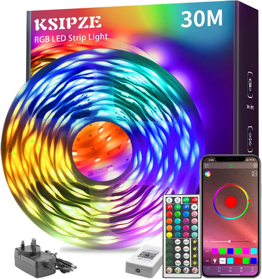 KSIPZE 30m RGB LED Strip Lights, Music Sync, Color Changing, Smart App & Remote Control, Flexible Home & Bedroom Lighting