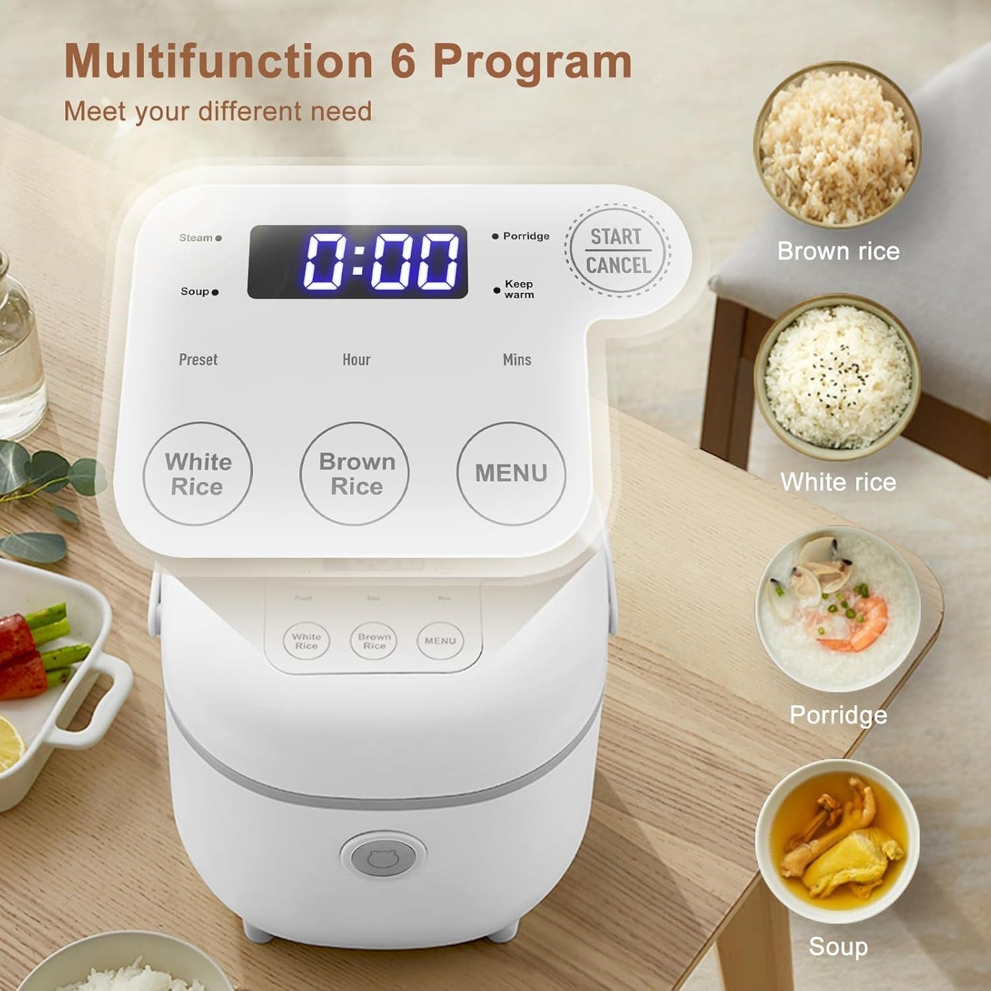 Bear 6 Multifunctional 4 Cups(Uncooked) Rice Cooker with Steamer for 1-4 People, Perfect for White/Brown Rice, Porridge, and Soup, White Rice Cooker