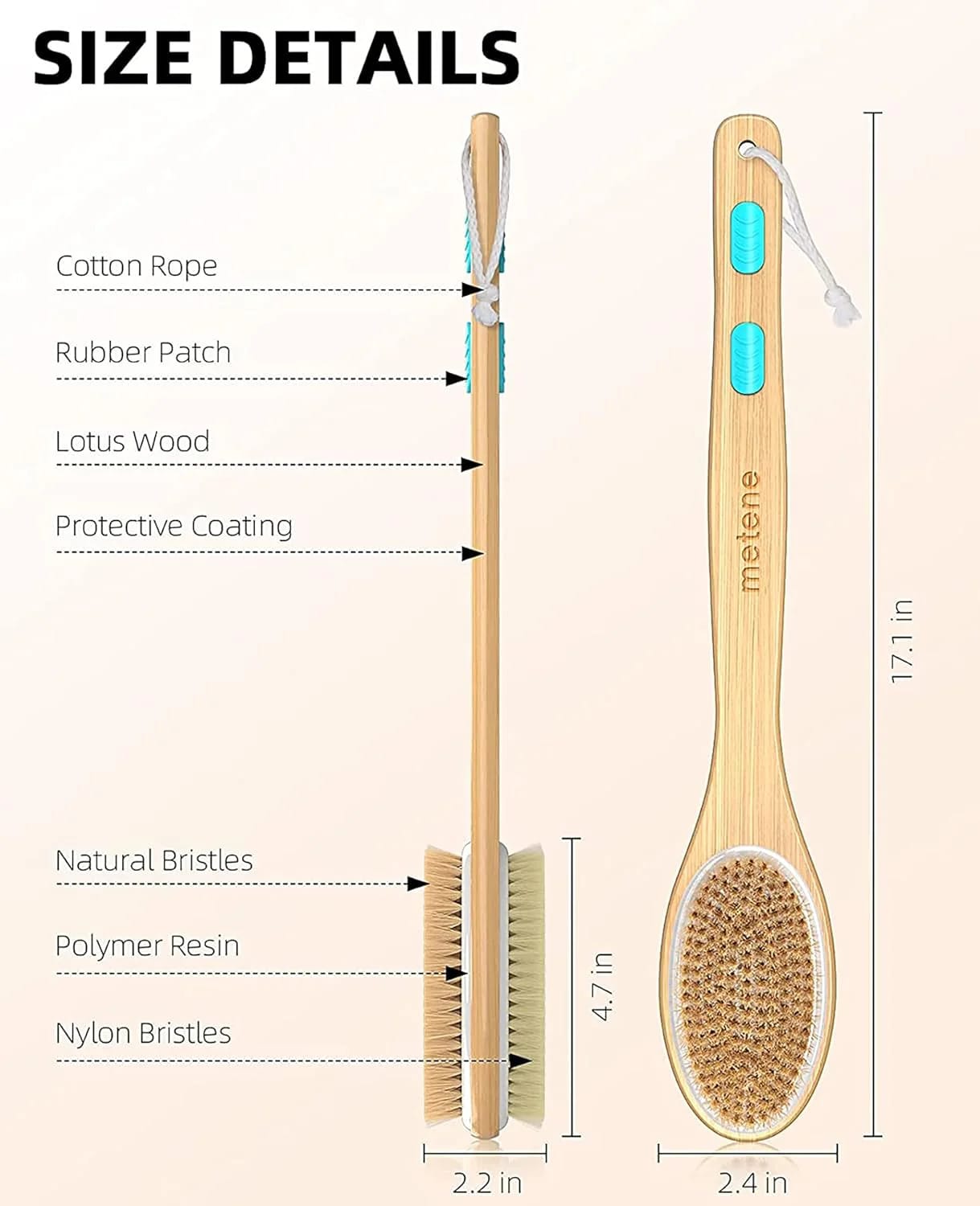Metene Back Scrubber for Shower, Shower Brush for Exfoliating Skin and A Soft Scrub, Double-sided Body Brush Head for Wet or Dry Brushing, Long Wooden Handle Cleans the Body Easily