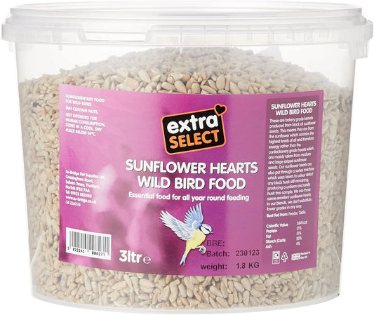 Extra Select Sunflower Hearts Bird Food - Husk-Free, Oil Rich, High Energy Wild Bird Seed for Year Round Feeding - 3 Litre Bucket