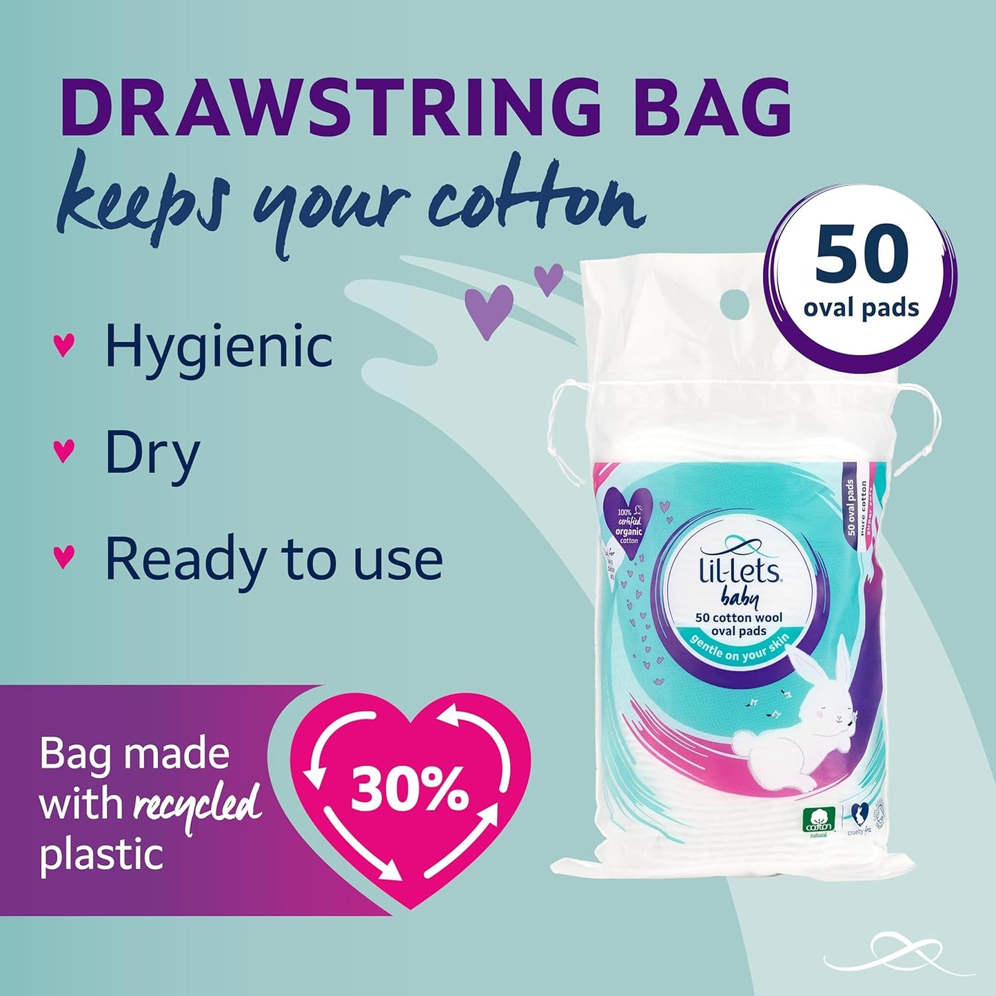 "Lil-Lets Baby Cotton Wool Oval Pads, 50 Pack, 100% Pure Organic Cotton, Dermatologically Tested, Soft and Absorbent for Newborns"