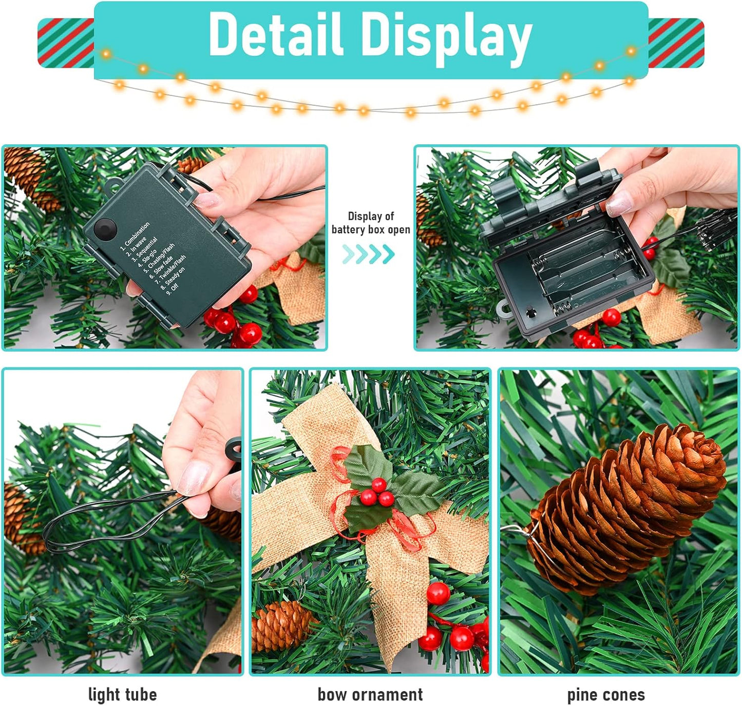 1.8m/6ft Artificial Christmas Garland with 50 LED Lights, Pine Cones, Berries, and Bow for Fireplace, Stairs, Tree, Front Door, and Holiday Decoration