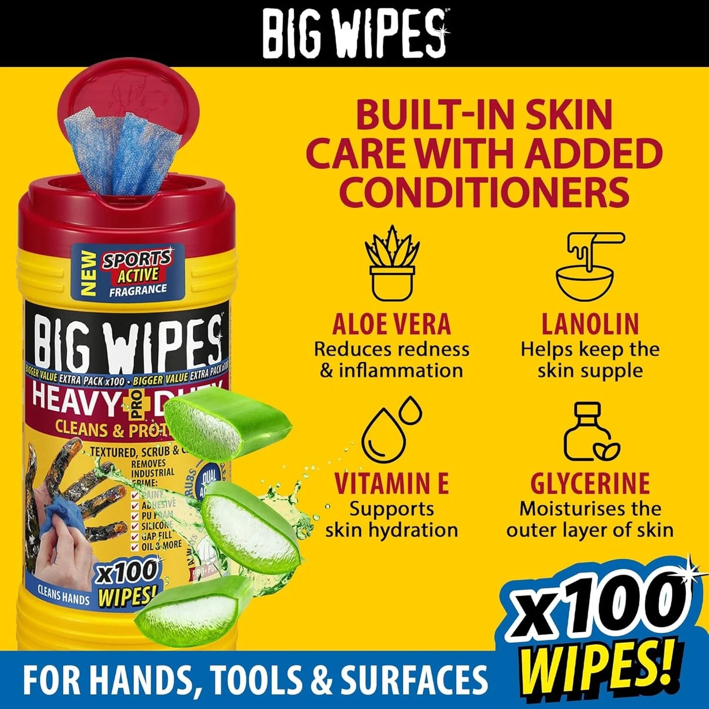 Big Wipes Heavy Duty Pro+ Hand Wipes in Dispenser Tub (x100) Textured Dual-Sided with Skincare. Ultra Efficient on Grime. Heavy Duty & Industrial Cleaning Products for Tradespeople