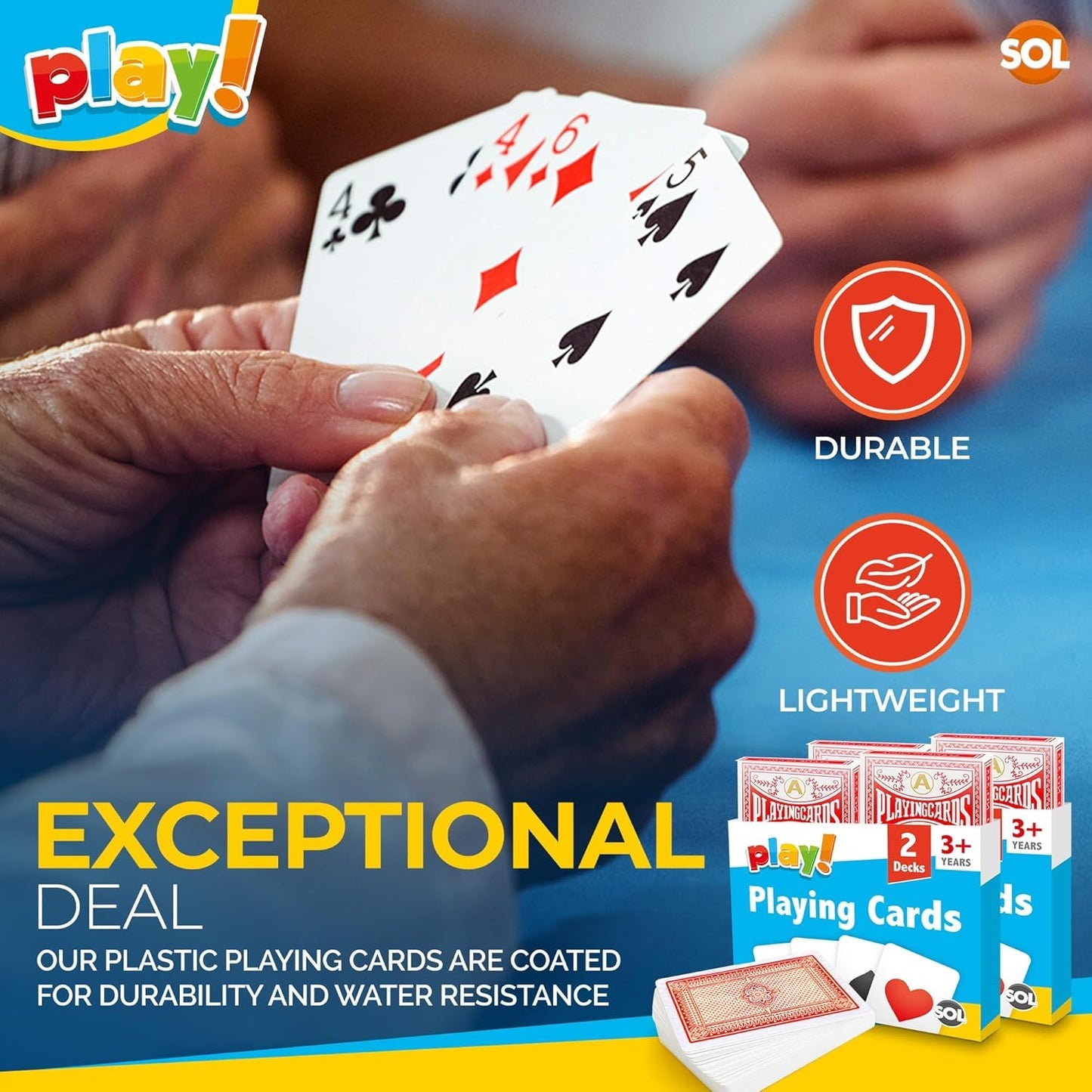 SOL 2pk Playing Cards, Standard UK Deck for Kids or Adults, Plastic Play Multi pack, Waterproof Poker Gift Set, Premium, Lightweight, Cool Design for Fun Game Nights, Travel and Entertainment