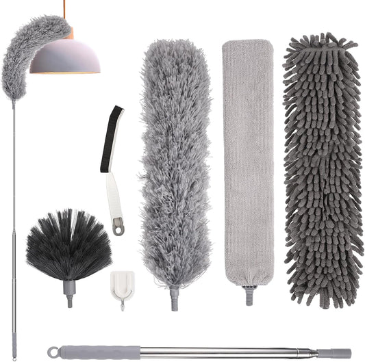 Feather Duster,Extendable Duster Microfiber Long Extension Pole Scratch Resistant Cover, Washable, Cleaning High Ceiling Fans, Blinds, Cobweb (Grey)