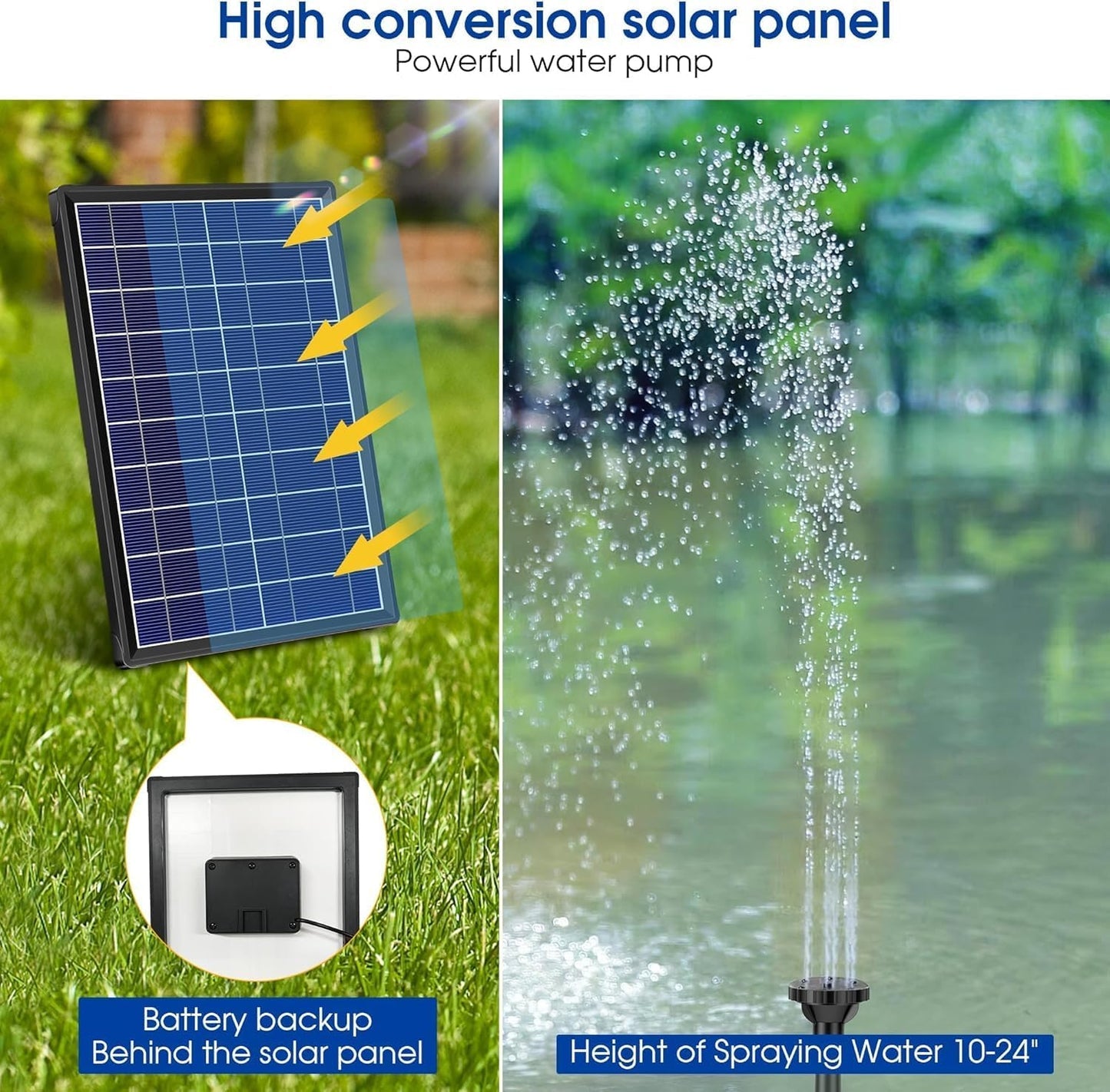 Biling Solar Water Pump with Battery Backup, 7.5W Solar Pond Fountain with 3600mAh Battery 10 Nozzles Solar Fountain with 5ft Tubing Water Features for Garden Ponds Pool Fish Tank Waterfall