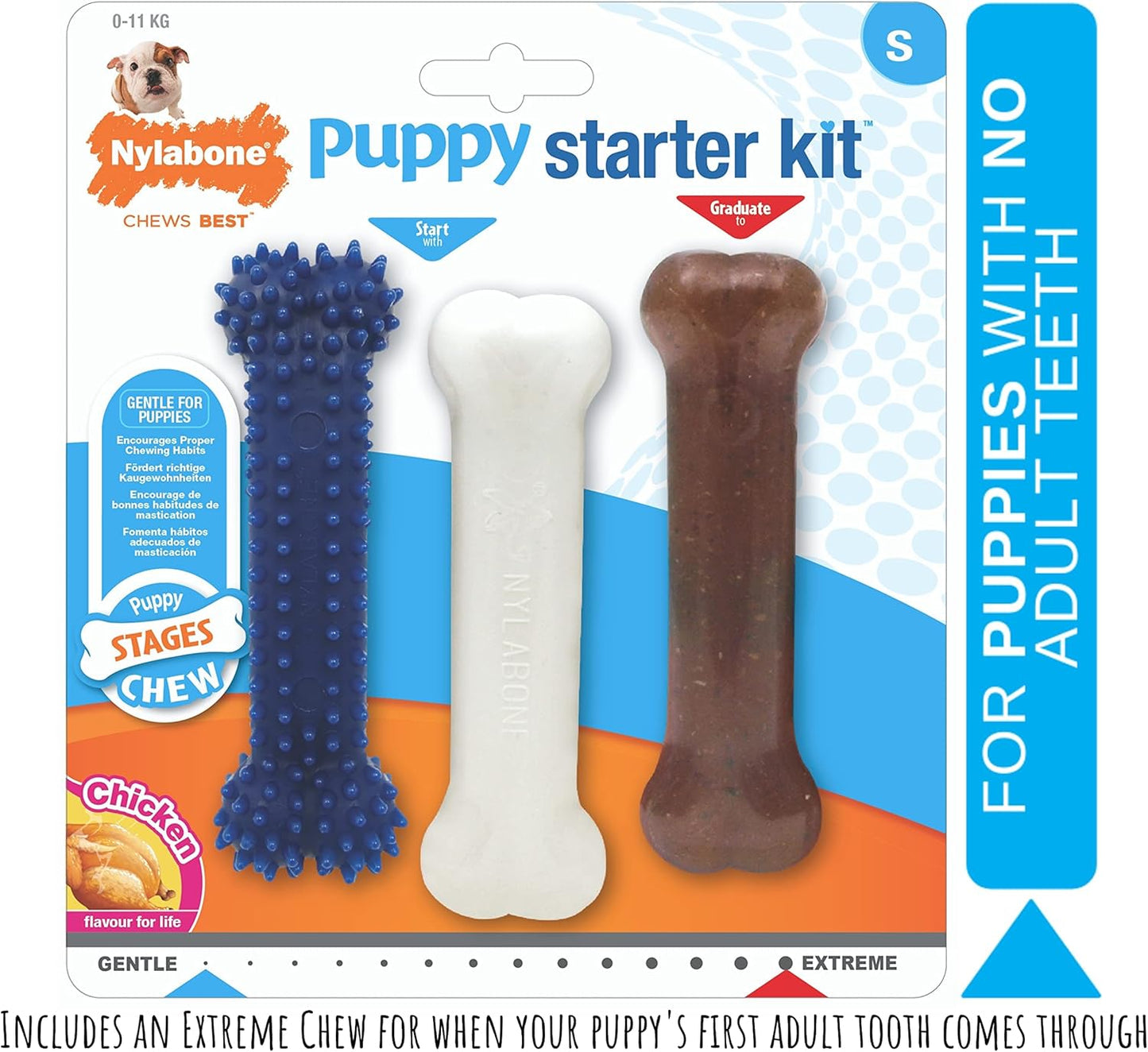 Nylabone Puppy Starter Kit, Pack of 3 Dental Dog Chew Bones, Teething, Gentle, Graduate, Small, for Puppies Up to 11 kg