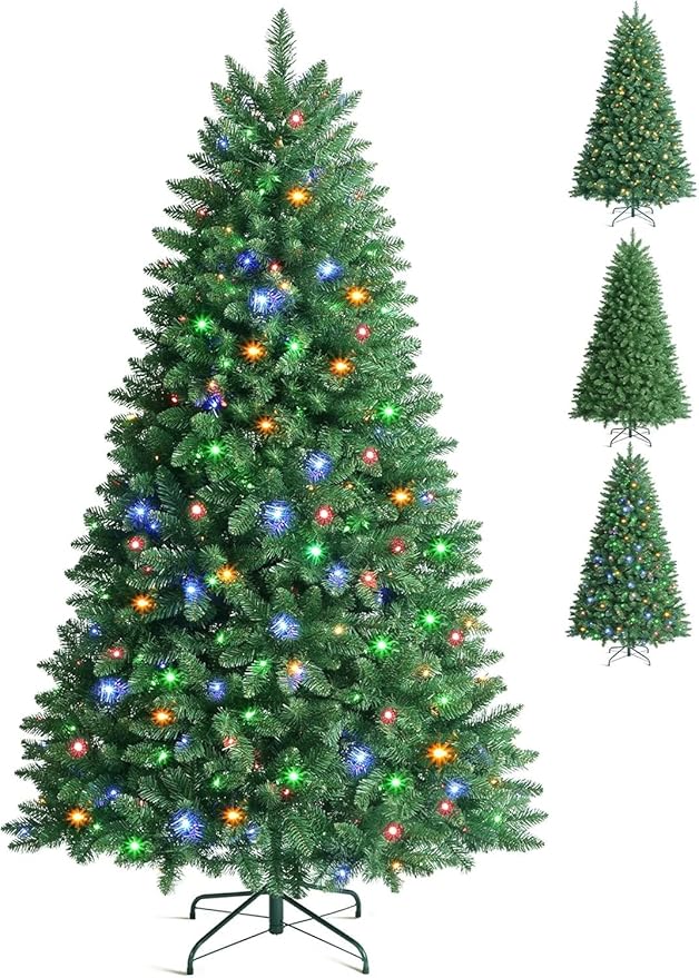 Pre-Lit 6ft Artificial Christmas Tree, Slim PVC Xmas Tree with 1400 Branch Tips, 350 Multicolour LED Lights and 9 Lighting Modes for Holiday Decoration