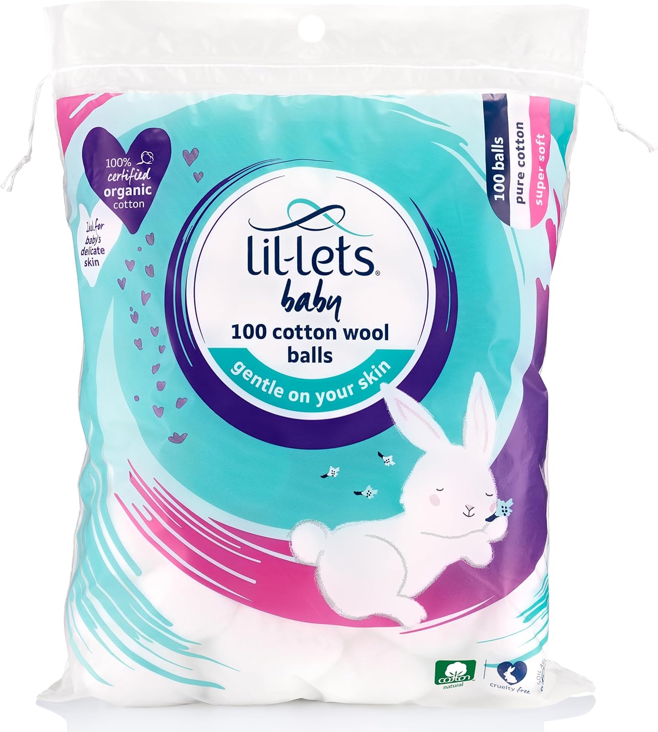"Lil-Lets Baby Cotton Wool Oval Pads, 50 Pack, 100% Pure Organic Cotton, Dermatologically Tested, Soft and Absorbent for Newborns"