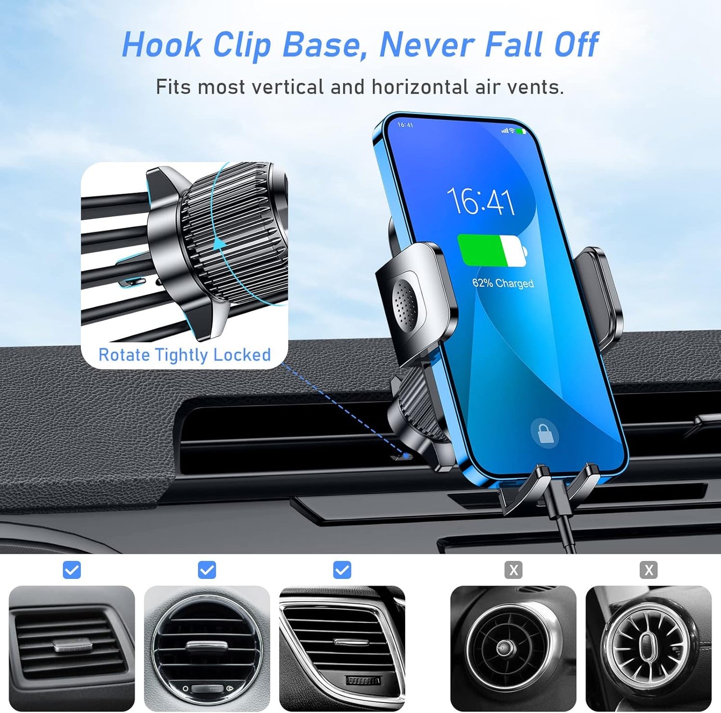Blukar Car Phone Holder, Air Vent Car Phone Mount Cradle 360° Rotation - Upgraded Super Stable Hook Clip - One Button Release Holder for iPhone, Galaxy, All 4.0''-6.7'' Smartphones