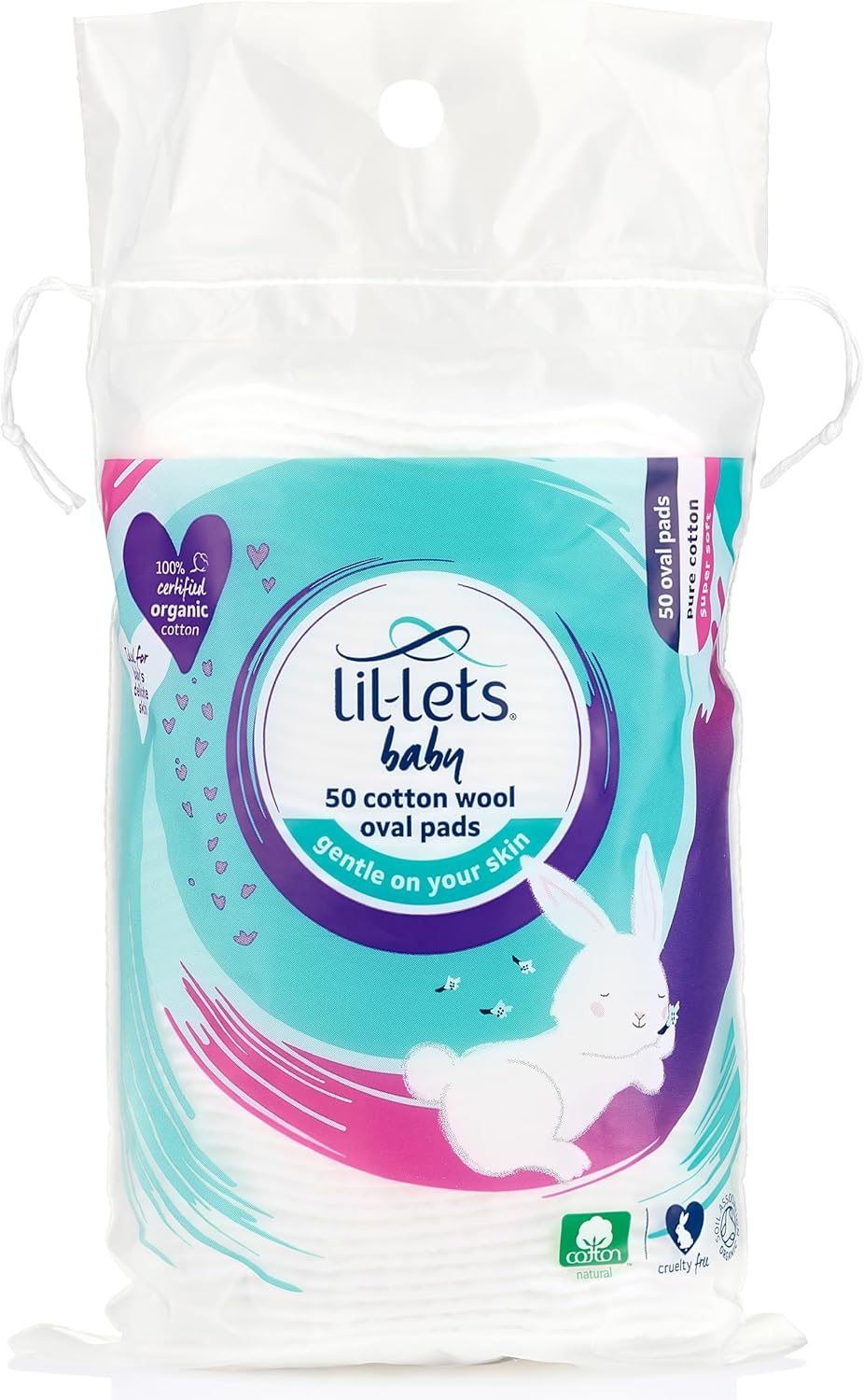 "Lil-Lets Baby Cotton Wool Oval Pads, 50 Pack, 100% Pure Organic Cotton, Dermatologically Tested, Soft and Absorbent for Newborns"