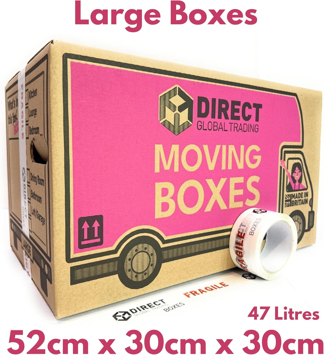 20 Strong Large Cardboard Storage Packing Moving House Boxes with Fragile Tape 52cm x 30cm x 30cm 47 Litres Carry Handles and Room List