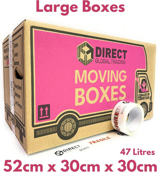 20 Strong Large Cardboard Storage Packing Moving House Boxes with Fragile Tape 52cm x 30cm x 30cm 47 Litres Carry Handles and Room List