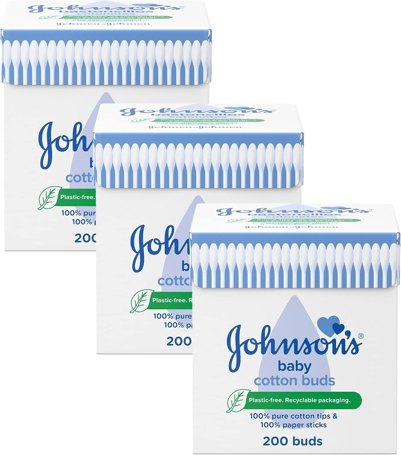 "Johnson's Baby Cotton Buds, 200 Pack – 100% Pure Cotton with Paper Sticks, Plastic-Free, for Cleaning Delicate Areas"