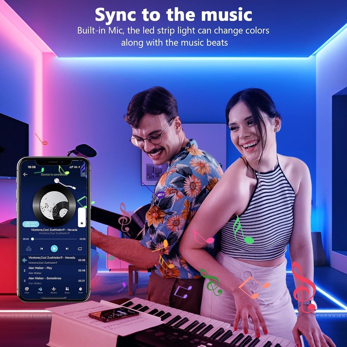 10m RGB LED Strip Lights, Cuttable, Music Sync, Color Changing, Smart App & Remote Control, Flexible LED Lights for Room Decoration