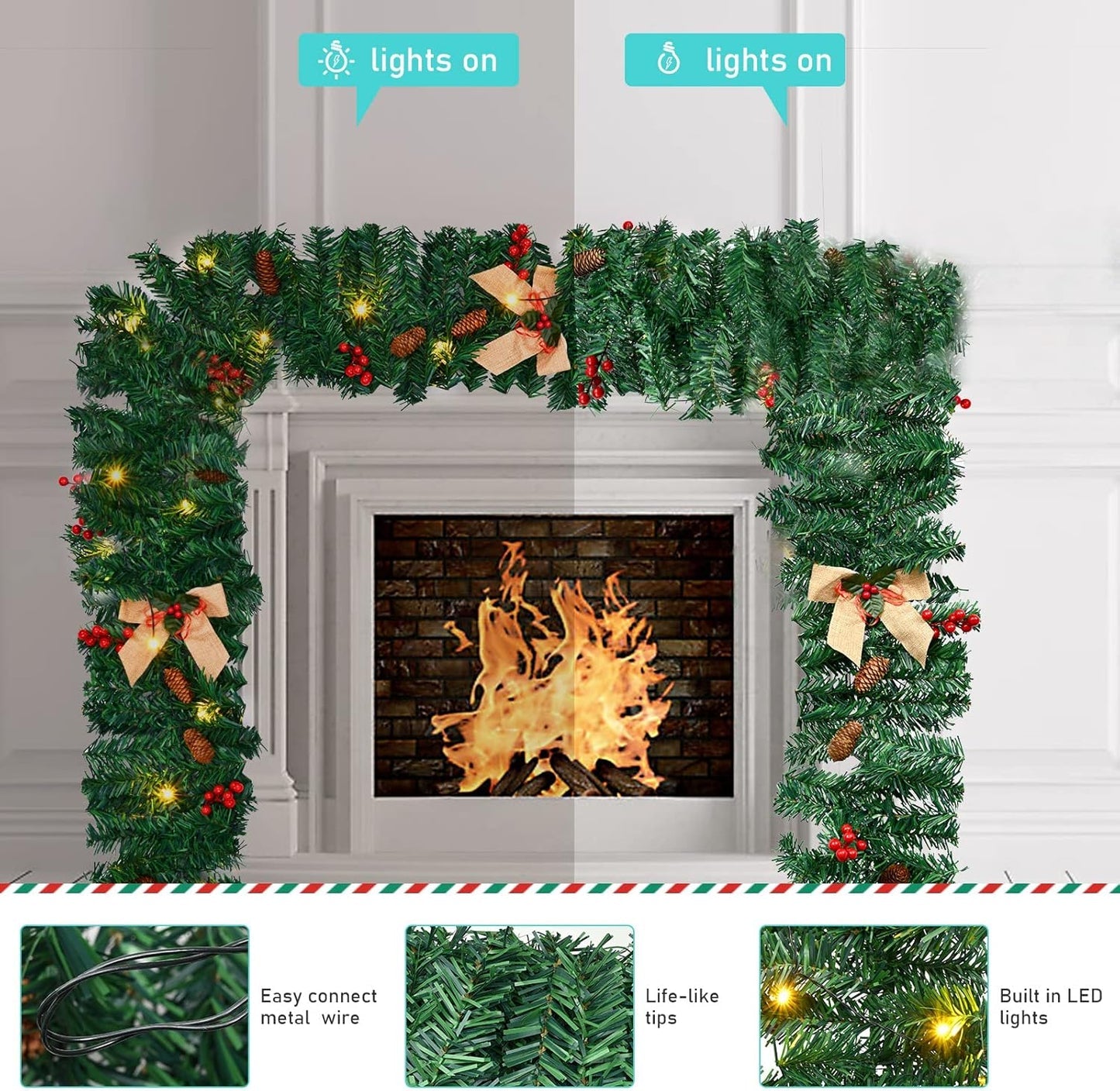 1.8m/6ft Artificial Christmas Garland with 50 LED Lights, Pine Cones, Berries, and Bow for Fireplace, Stairs, Tree, Front Door, and Holiday Decoration