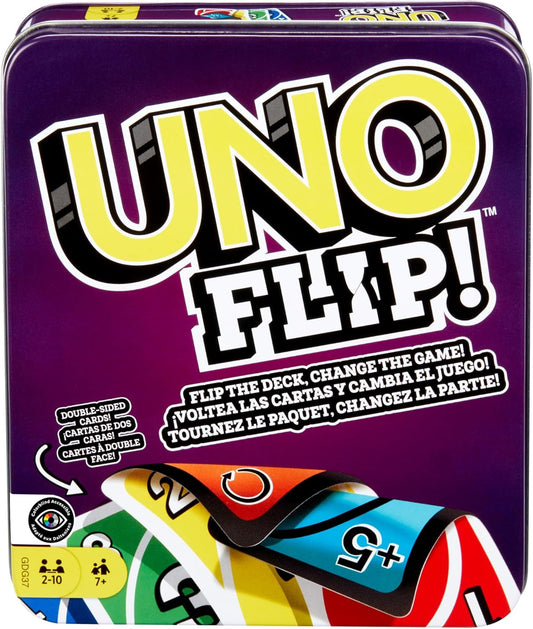 Mattel Games UNO FLIP! Family Card Game, with 112 Cards in a Sturdy Storage Tin, Makes a Great Gift for 7 Year Olds and Up, GDG37