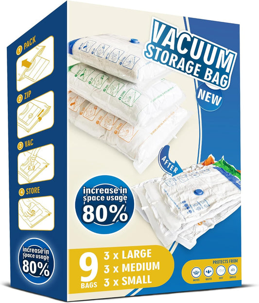 Storage Master Space Saver Bags for Travel and Home Reusable Vacuum Storage Bags Save 80% More Storage Space Work with Vacuum Cleaner (9 Combo, No Pump Included)