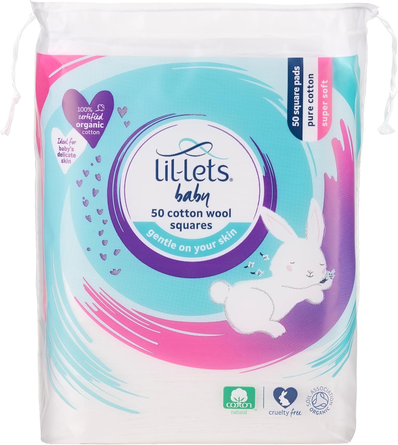 "Lil-Lets Baby Cotton Wool Oval Pads, 50 Pack, 100% Pure Organic Cotton, Dermatologically Tested, Soft and Absorbent for Newborns"