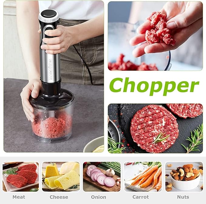 Bonsenkitchen Stainless Steel Hand Blender, 4-in-1 Stick Blender 1000W, 20 Speed Adjustable, with Whisk, 500ml Chopper and 700ml Measuring Cup, Food Processor (HB3203)