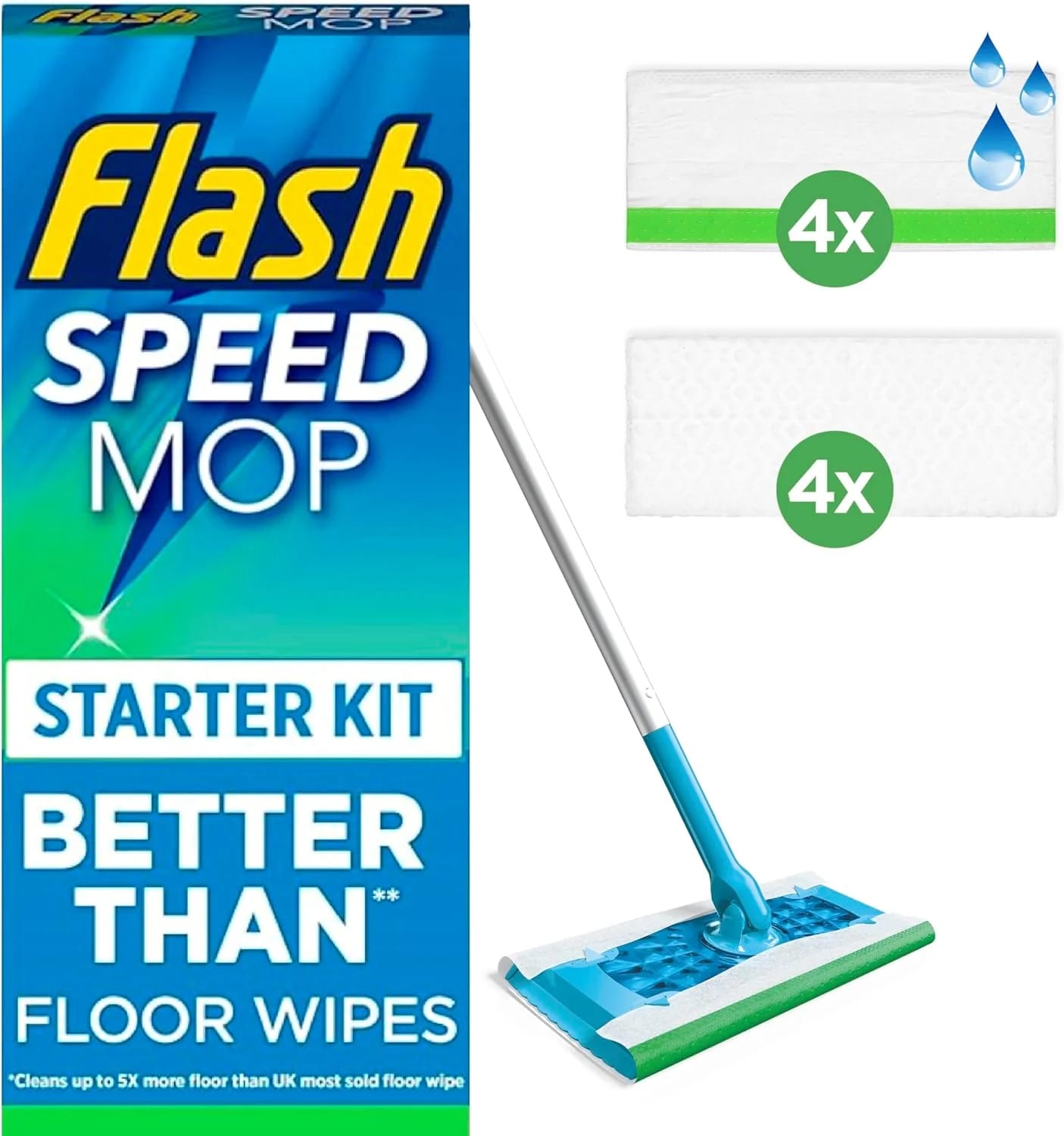 Flash Speedmop Floor Cleaner Starter Kit, Fast Easy & Hygienic (1 Handle + 4 Wet & 4 Dry Refills), Trap & Lock Daily Dirt, Grease & Grime Without Getting Down On Your Knees
