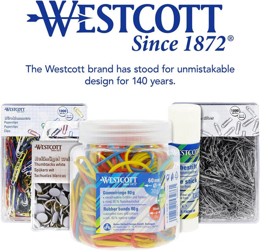 Westcott Rubber Bands 80g | Ca. 170 Colourful rubber rings in various sizes in a handy plastic container | Storage pack of household rubber bands ⌀ 60mm, 50mm & 38mm | E-10581 00