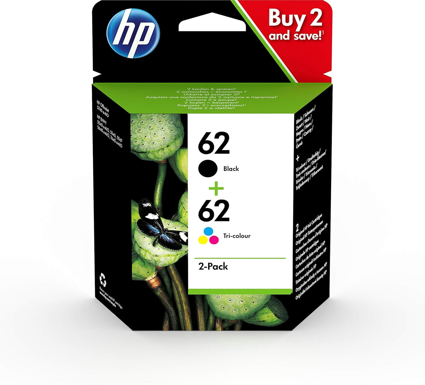 HP N9J71AE 62 Original Ink Cartridges, Black and Tri-color, Multipack, 2 Count (Pack of 1)