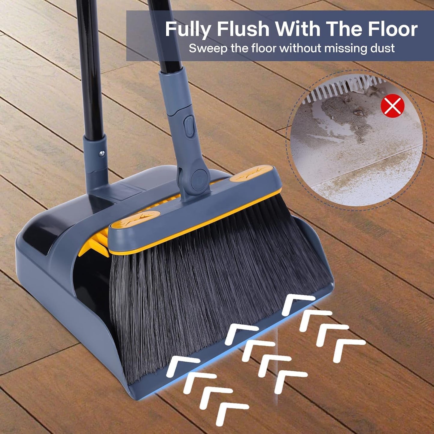 JEHONN Long-Handled Dustpan and Brush Set with 180° Rotating Brush and Comb Teeth
